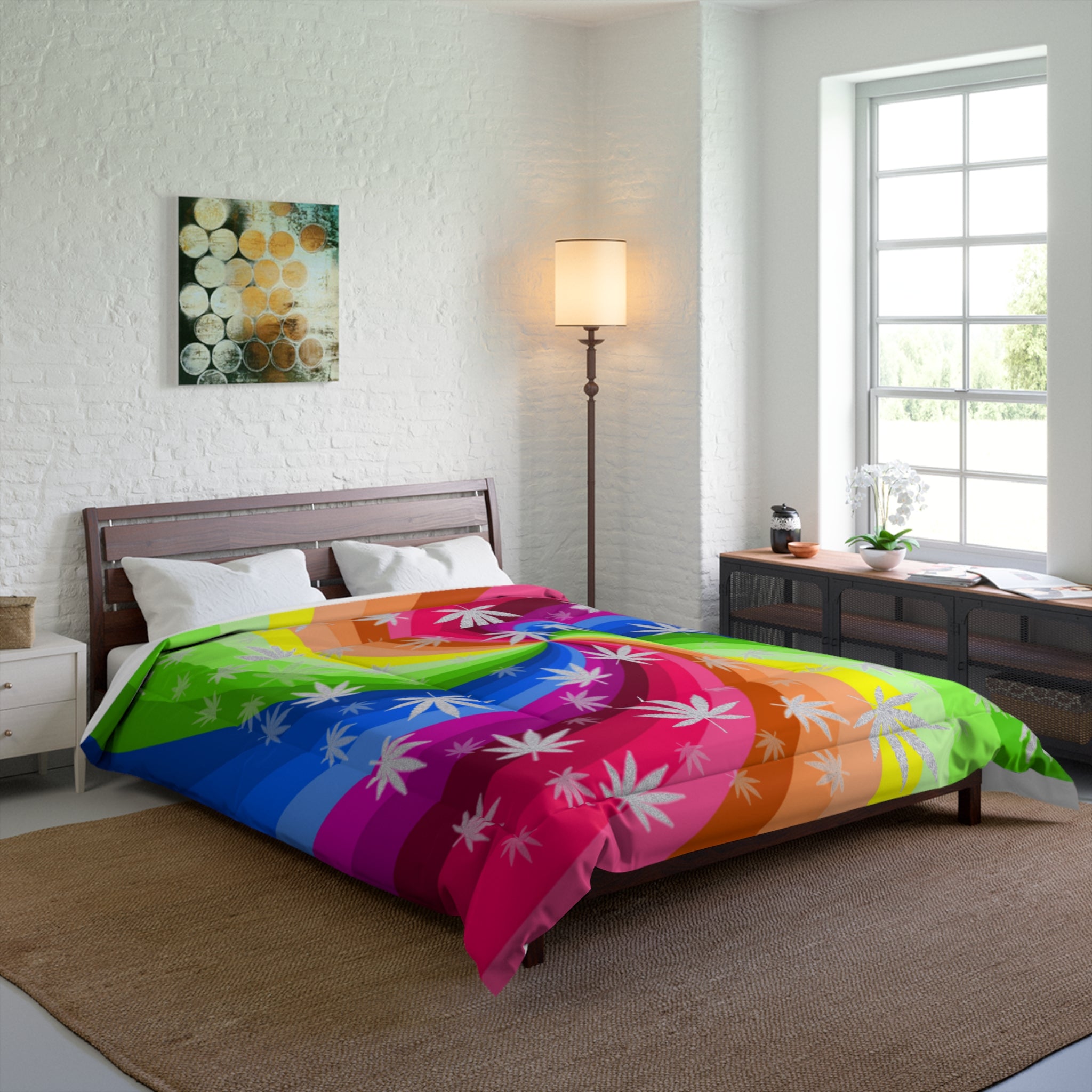 Rainbow Swirl Cannabis Leaf Comforter