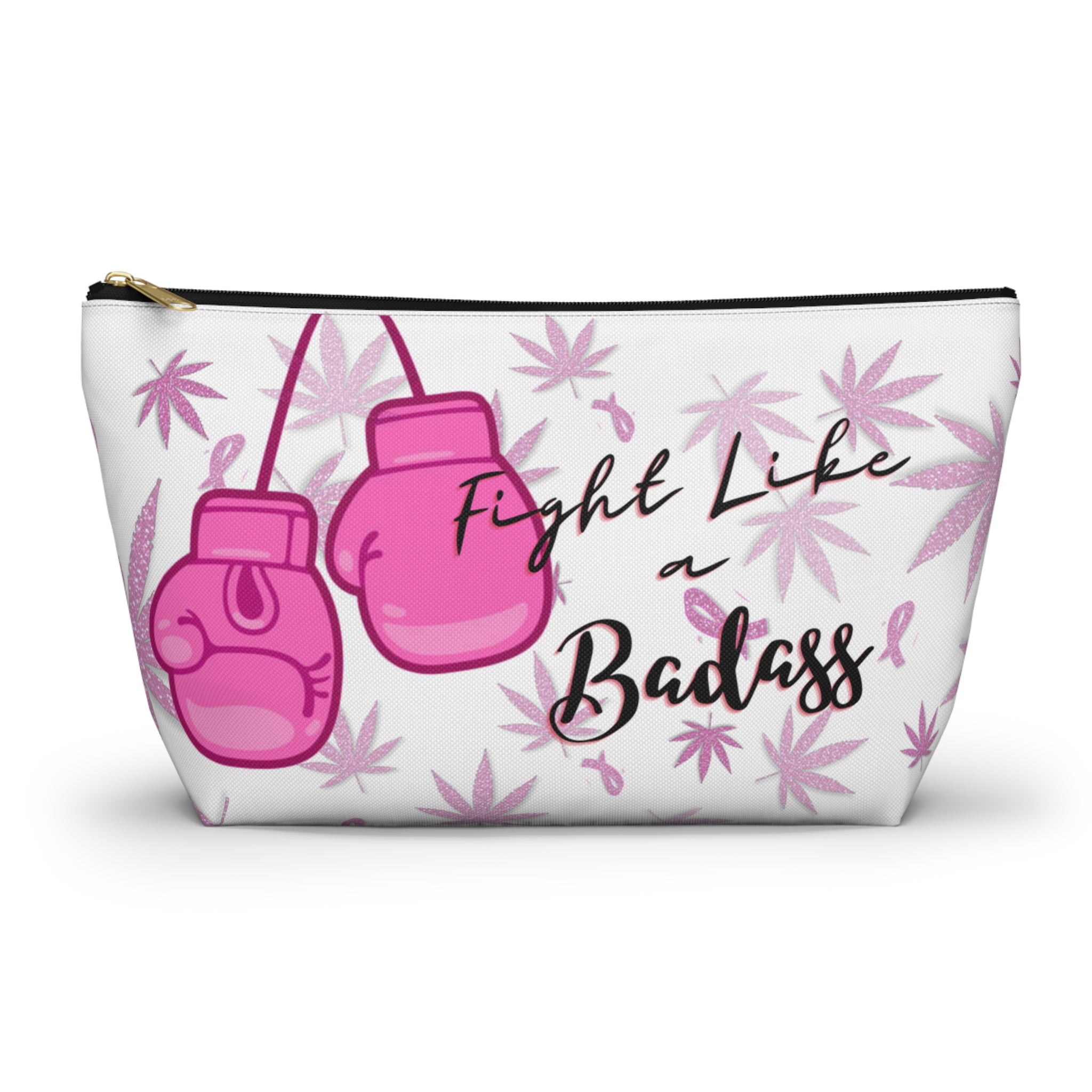 Fight Like A Badass Breast Cancer Awareness And Support Cannabis Themed Stash Bag Makeup Bag Accessory Pouch Stoner Gift