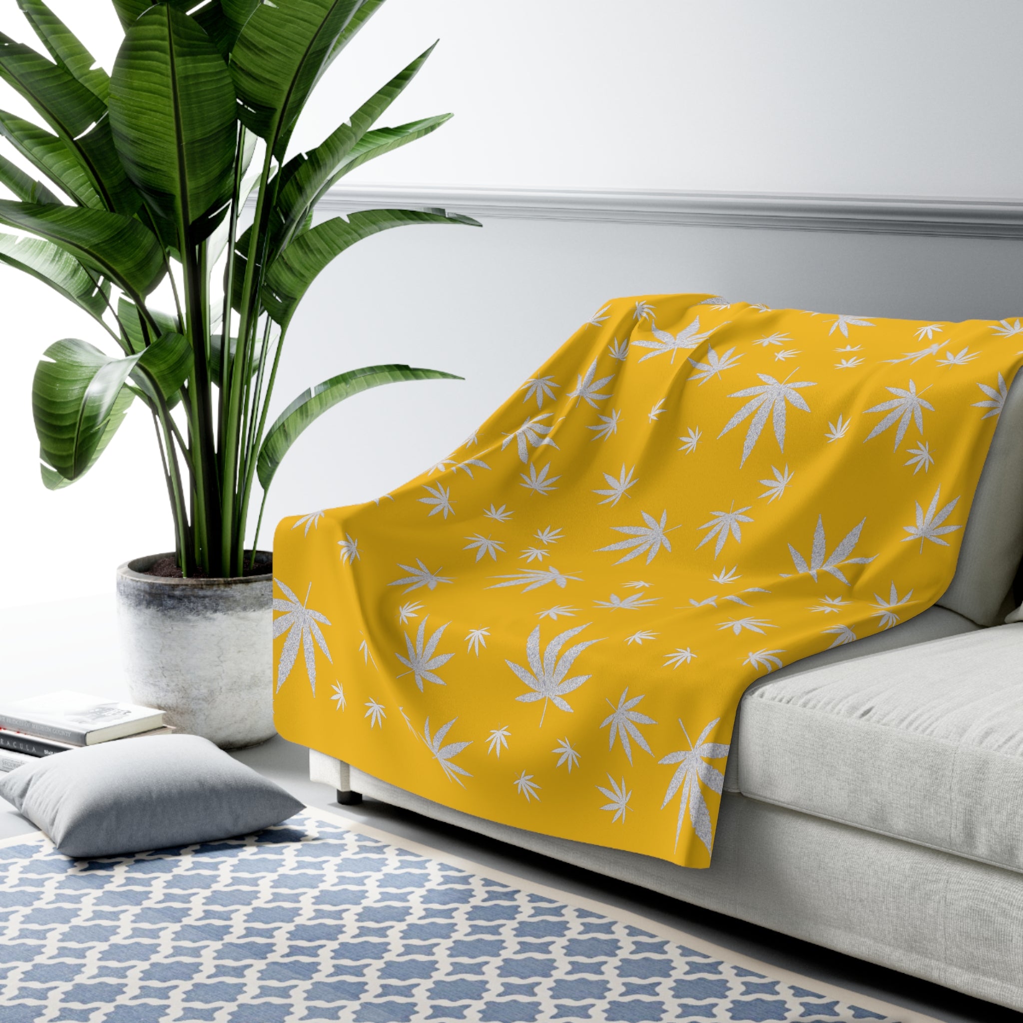 Lemon Yellow and Silver Cannabis Leaf Sherpa Fleece Blanket