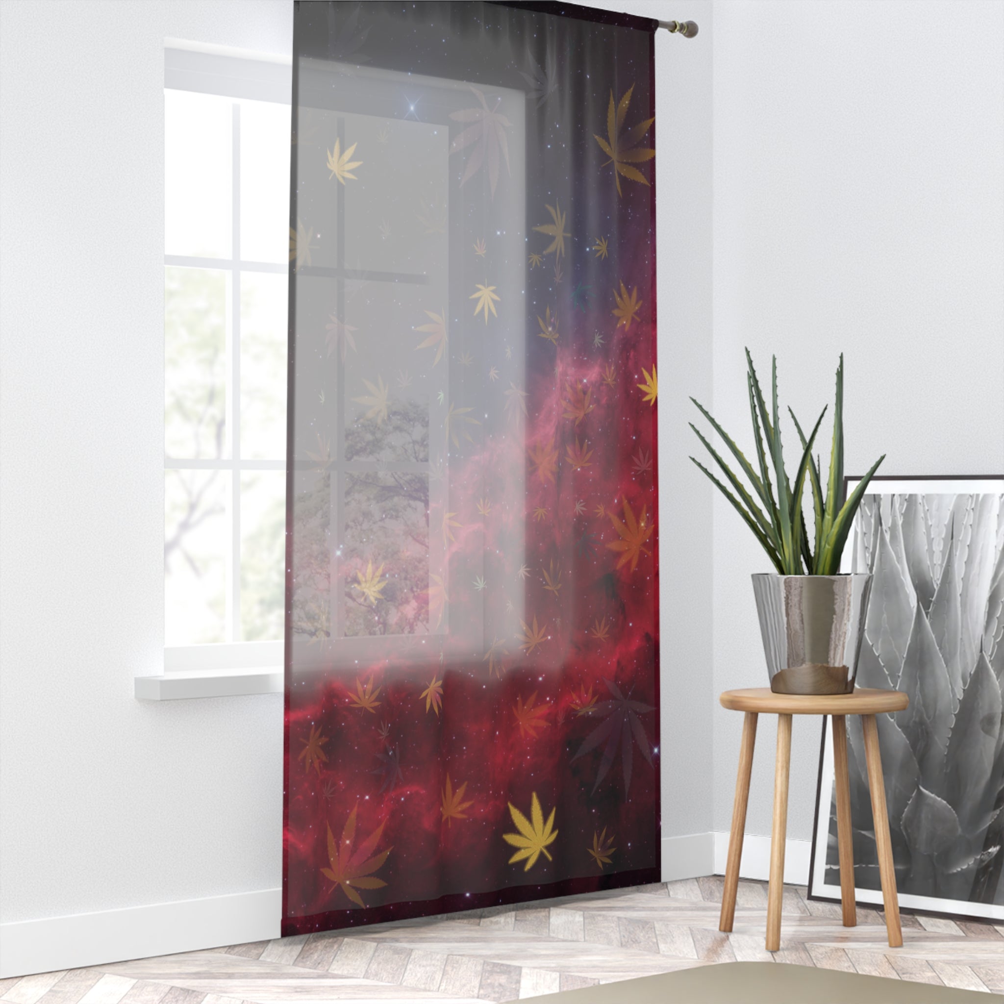 Purple Galaxy Sheer Cannabis Leaf Window Curtain
