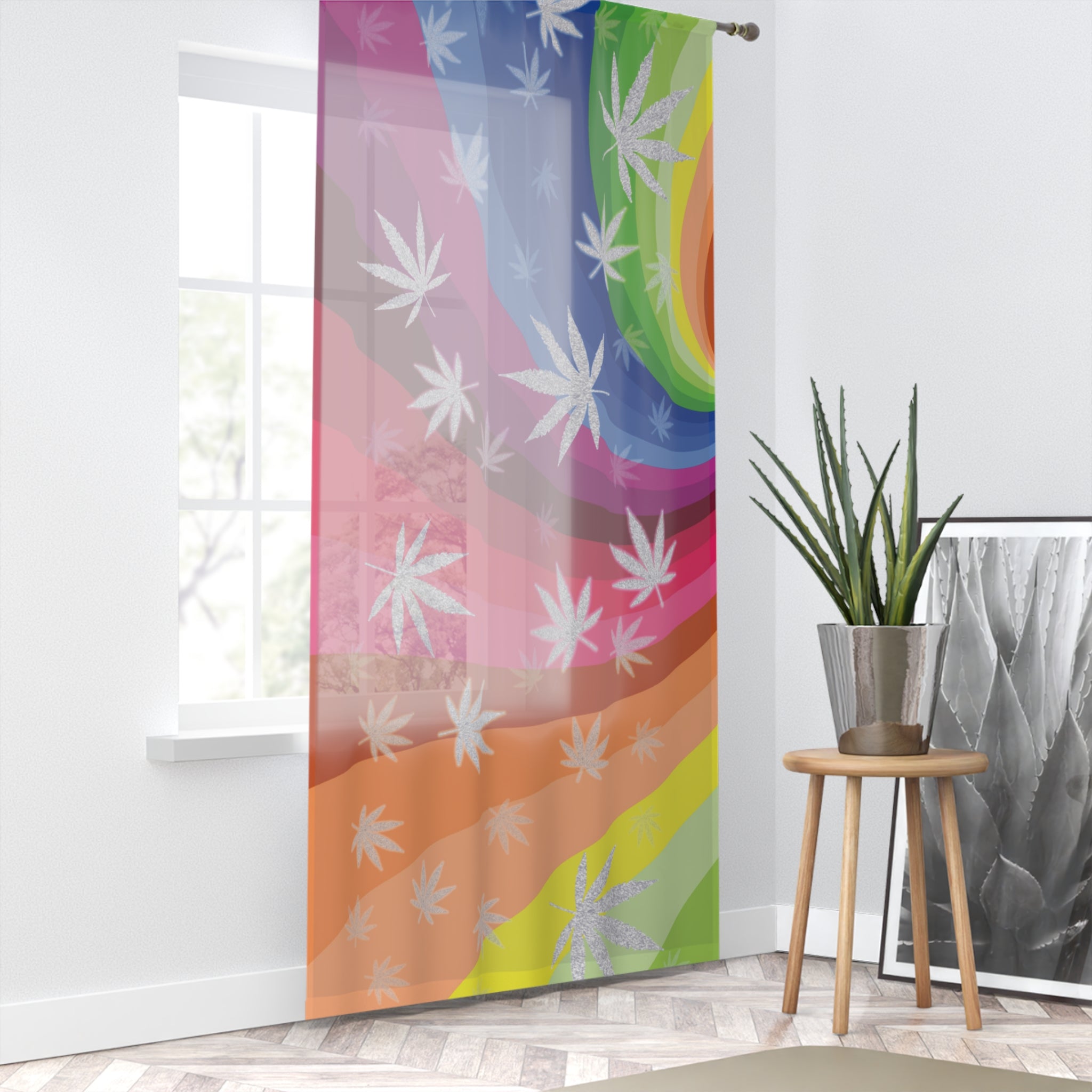 Rainbow Sheer Cannabis Leaf Window Curtain