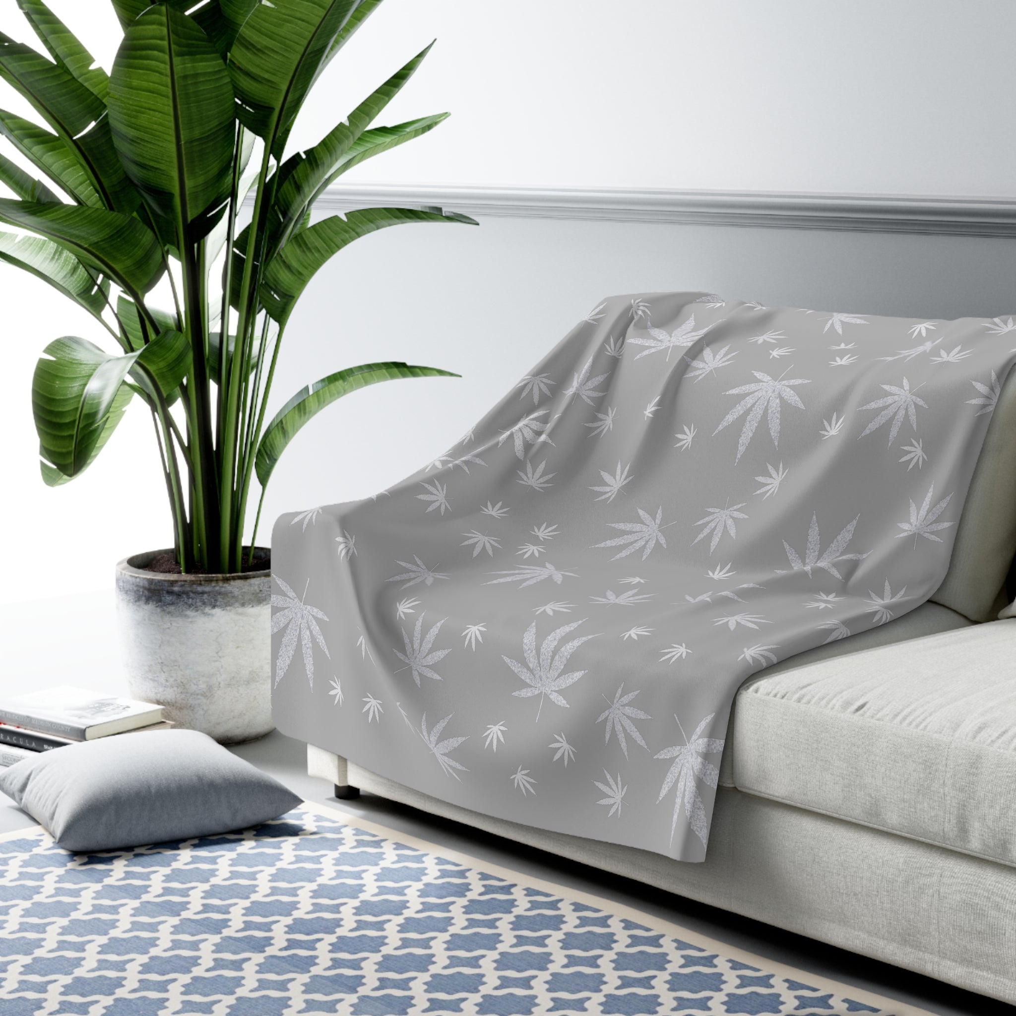 Grey and Silver Cannabis Leaf Sherpa Fleece Blanket