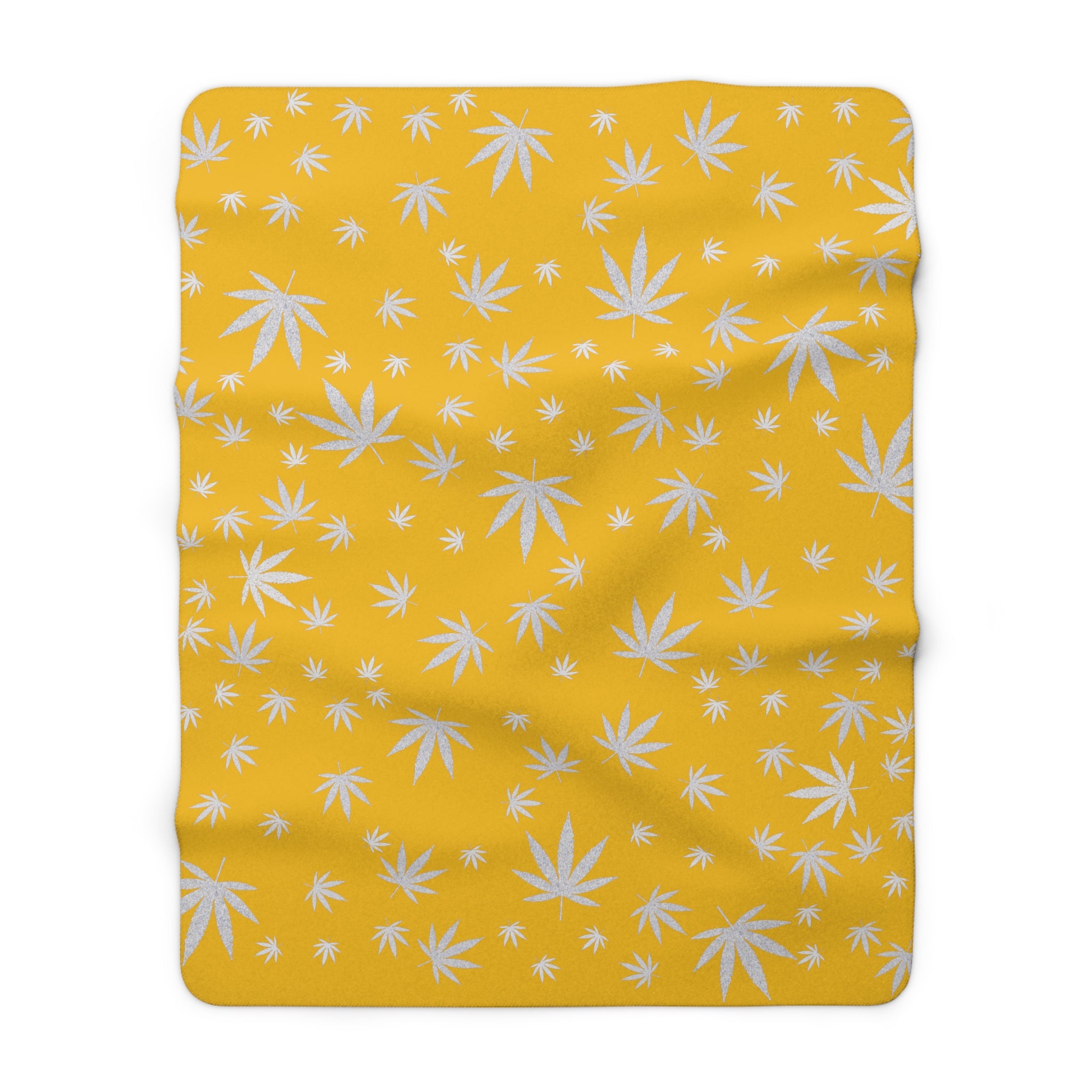 Lemon Yellow and Silver Cannabis Leaf Sherpa Fleece Blanket