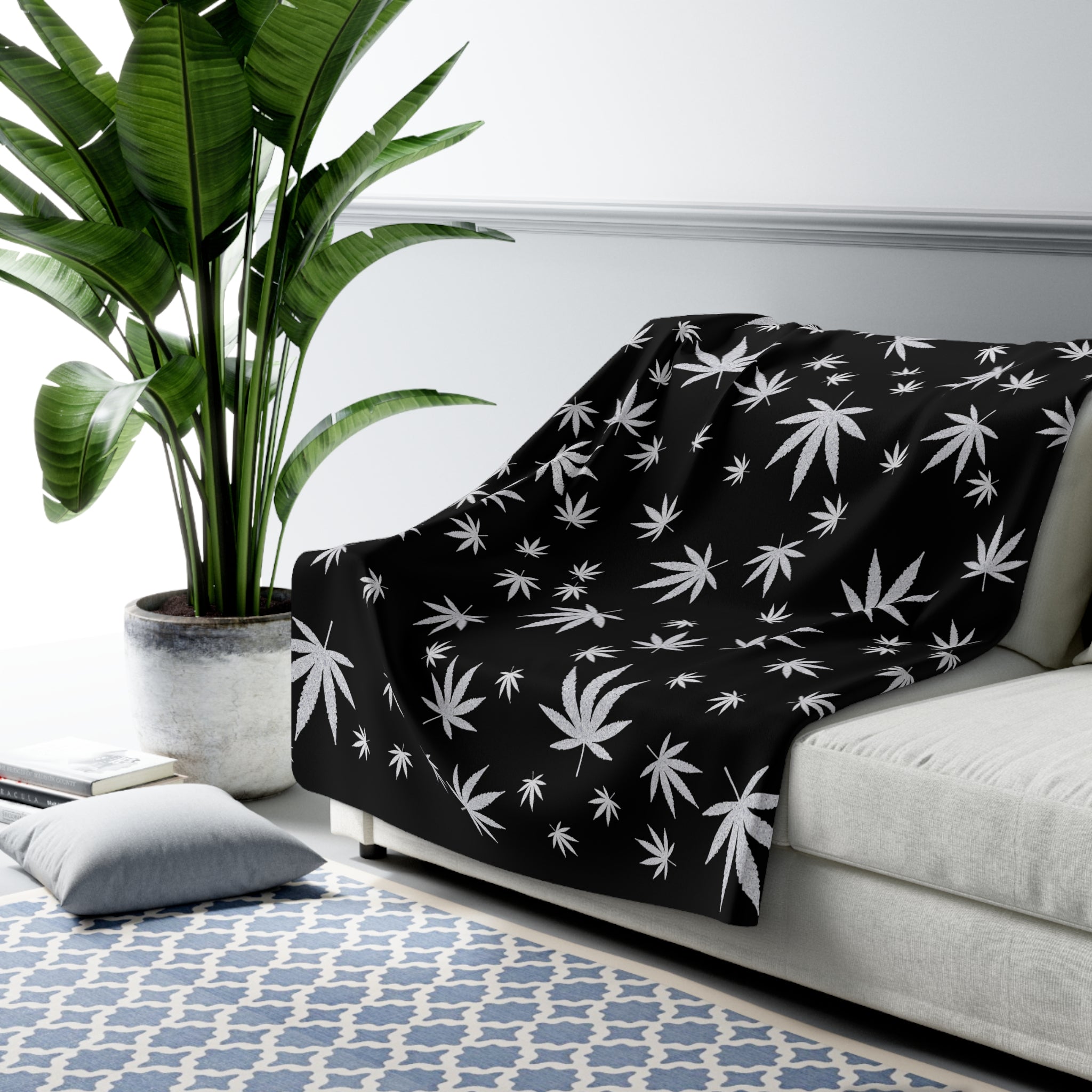 Black and Silver Cannabis Leaf Sherpa Fleece Blanket