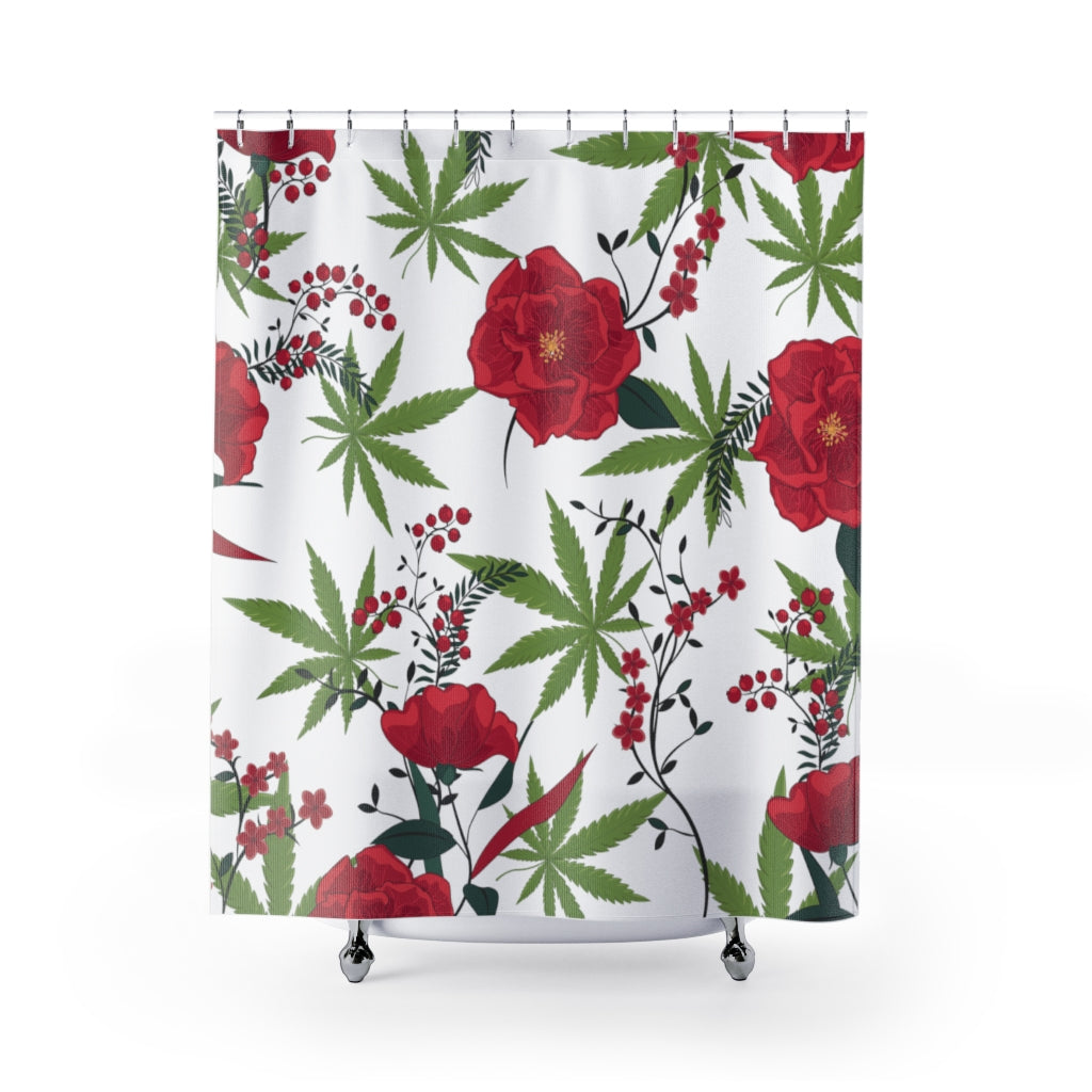 Cannabis & Roses Themed Shower Curtain Stoner Gift