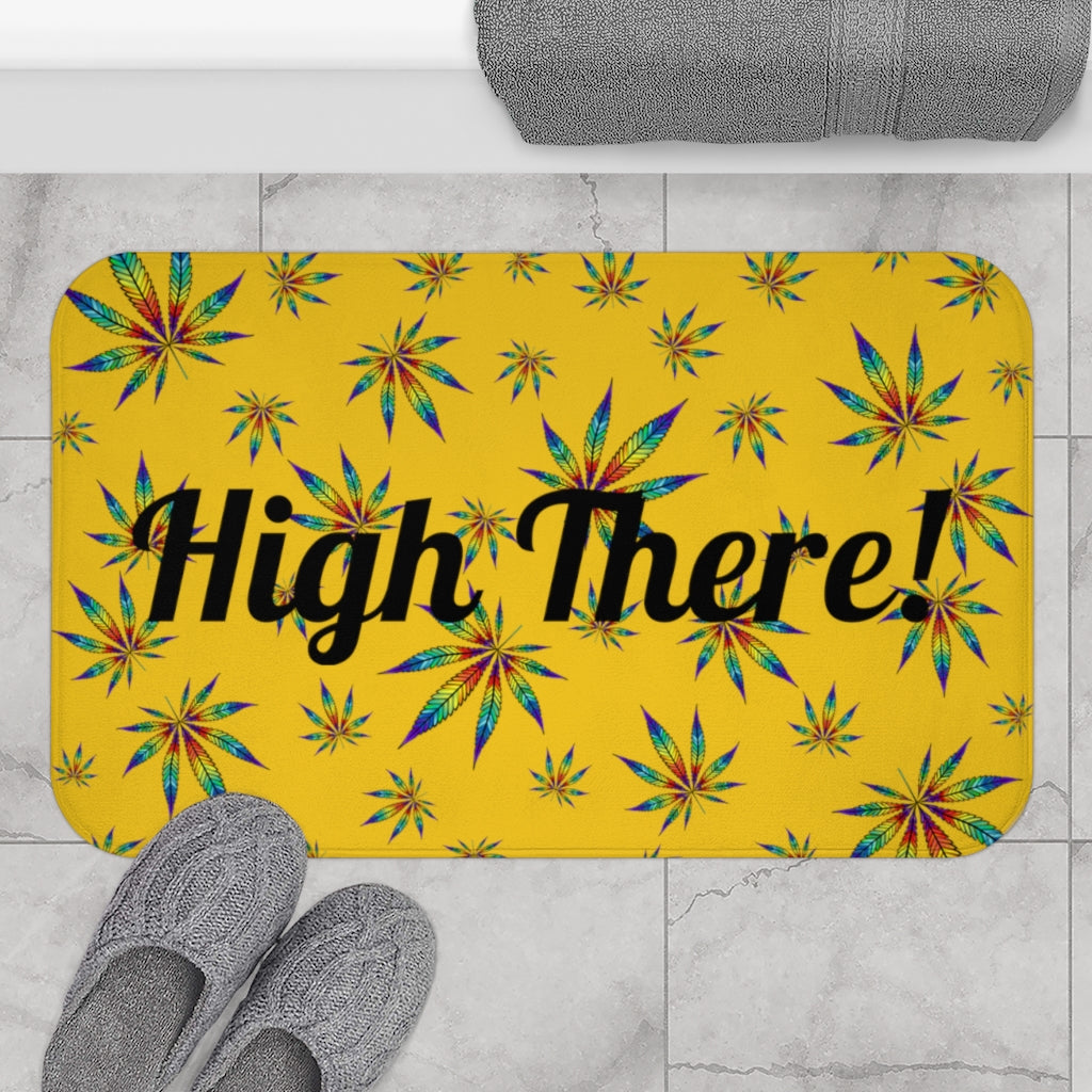 Yellow "High There" Cannabis Themed Bath Mat Stoner Gift